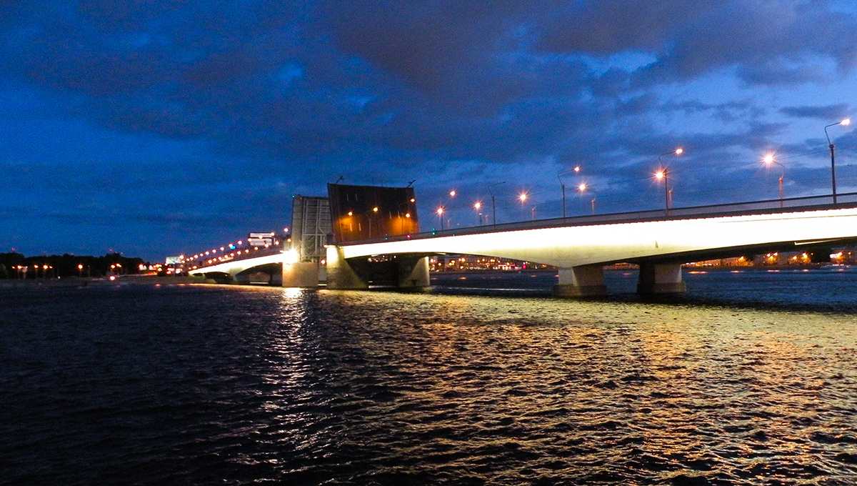 ночной вид моста Александра Невского в СПб фото